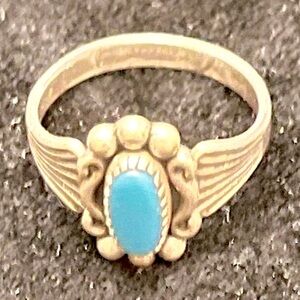 Jane Yikaazba Popovitch Sterling and Robin’s Egg Blue Turquoise Ring Stamped VTG